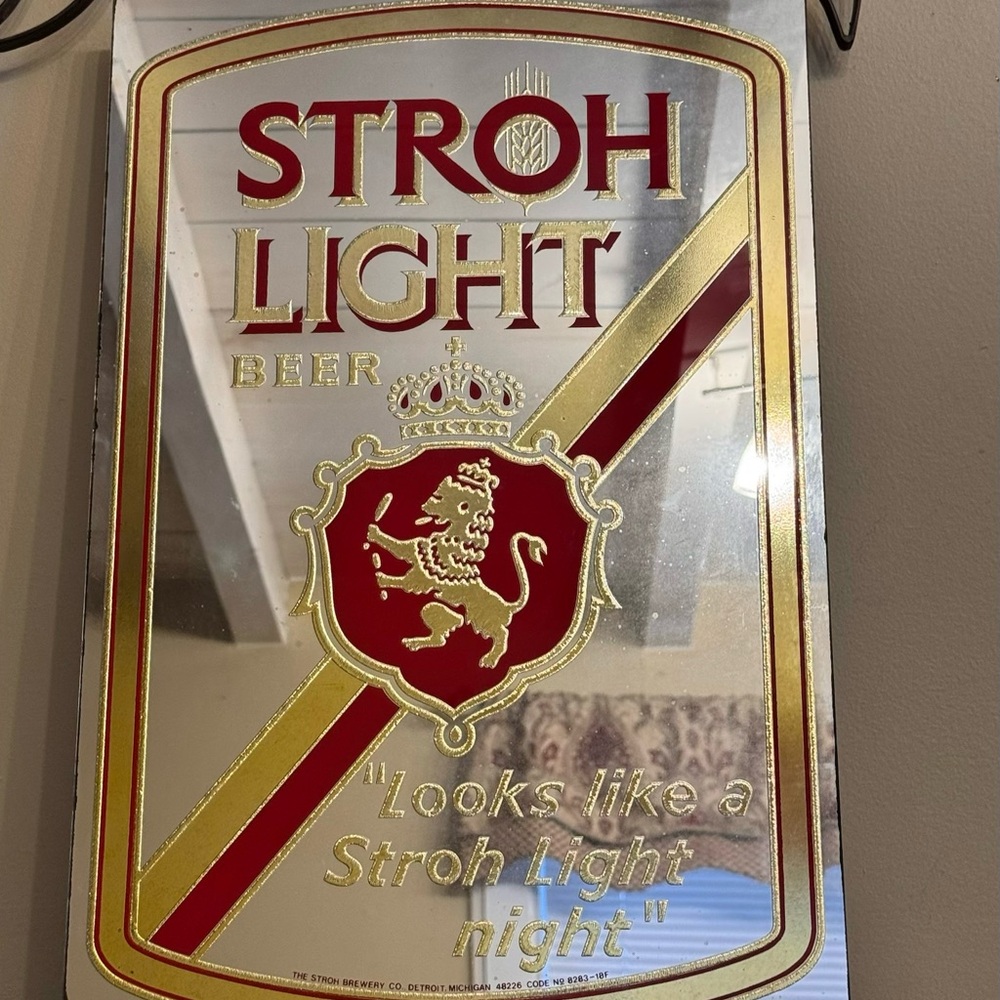 Vintage Stroh Light Beer Wall Mirror / Sign Red and Gold—Breweriana